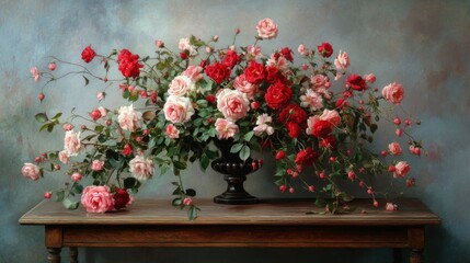 A romantic composition of red and pink rose flowers on a wooden table in a studio, creating a classic and elegant look.