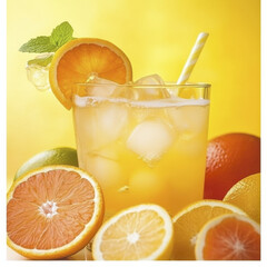 Fototapeta premium Refreshing citrus drink with oranges, lemons, and mint on bright yellow background