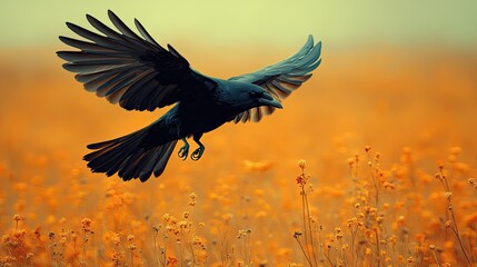Fototapeta premium Black crow in flight over yellow wildflowers.