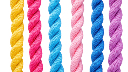 Colorful Twisted Ropes in Vibrant Shades of Yellow, Pink, Blue, and Purple for Creative Projects and Decorative Uses. on white or transparent png