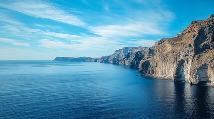 Naklejka premium Dramatic coastal cliffs and azure sea under a vibrant blue sky.
