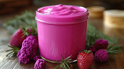 Bright pink creamy substance in jar with garnishes.