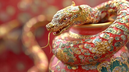 Serpentine Elegance: Year of the Snake Chinese Zodiac Concept with Vibrant Vase Decor | 3D Render Digital Artwork
