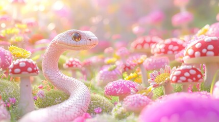 Fototapeta premium Enchanting Year of the Snake: Whimsical 3D Render in a Colorful Toadstool Garden for Charming Wallpaper