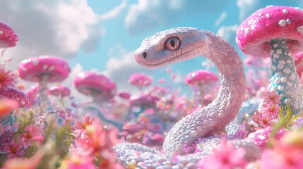 Obraz premium Enchanting Snake in Colorful Wonderland - Chinese Zodiac Year of the Snake Fantasy Concept Wallpaper