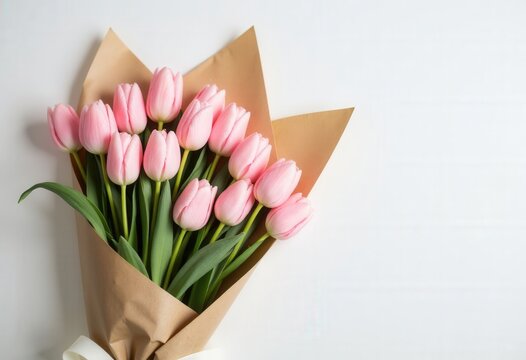 Pink tulip bouquet in brown paper with white ribbon