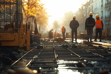 Construction workers walking on rebar at sunrise.