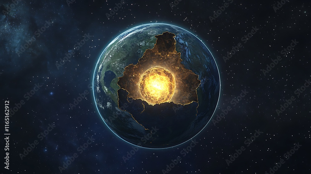 Wall mural explosive solar event igniting earth's core outer space digital art cosmic background aerial view en