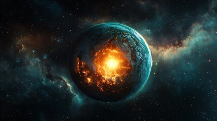 Naklejka premium Explosive cosmic event destroys planet outer space digital art nebula dramatic perspective catastrophe