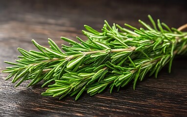 Fresh rosemary sprigs on dark wood background.