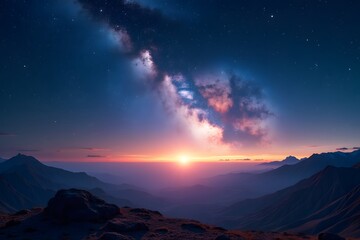 Landscape with Milky Way galaxy. View of sunrise and Earth from space with Milky Way galaxy.