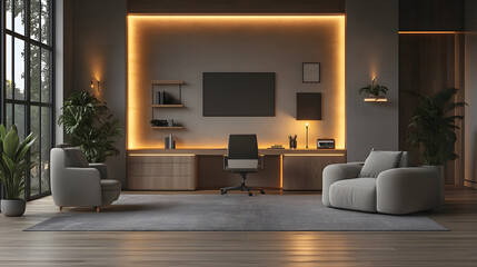 Fototapeta premium Well-organized Scandinavian workspace with a sleek desk, minimalist decor, and soft lighting