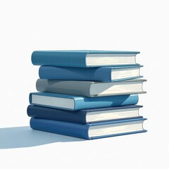 Stack of six blue and grey books on white background