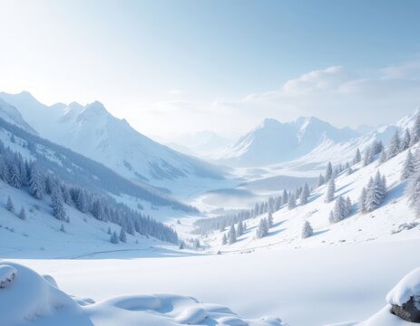 Snowy mountain valley with pine trees and a clear sky