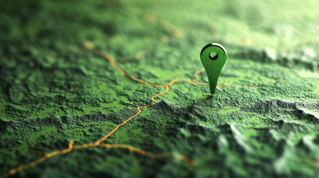 Green pin on a green map, close up of a location marker