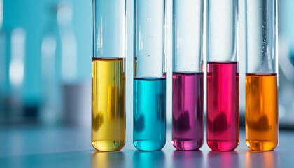 Chemical experiment with colorful solutions in test tubes laboratory setting scientific clear focus