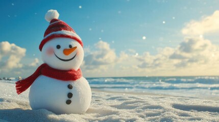 Fototapeta premium Smiling Snowman on Snowy Beach Enjoys Winter Ocean Breeze and Festive Cheer