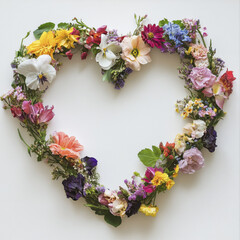 heart shaped wreath made of colorful flowers on white background, symbolizing love and beauty