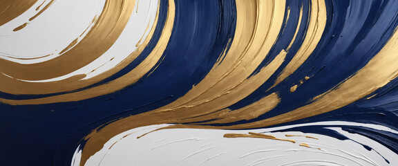 Vibrant paintbrush texture with sweeping metallic gold and navy blue strokes on a white background, great for elegant artwork