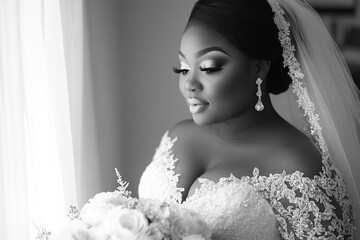 Happy african american plus size bride in beautiful white wedding dress with bouquet. Generated by artificial intelligence