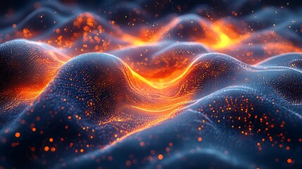 Abstract glowing particle wave, fiery orange and blue energy flow.