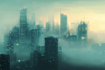 Fototapeta premium A metropolis with tall skyscrapers in a hazy fog