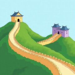 Winding wall with two buildings on green hills