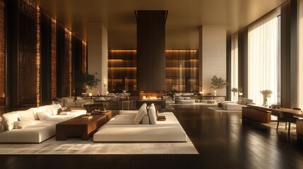 Luxurious hotel lobby with fireplace and modern furniture.