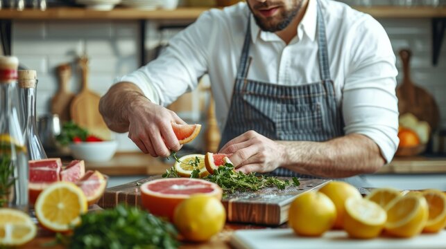 Chef Slices Grapefruit, Preparing Ingredients for Refreshing Summer Cocktail with Citrus and Herbs