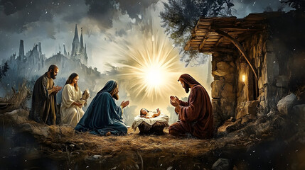 Fototapeta premium Life of Jesus. Birth of Jesus. Digital painting of the Nativity.