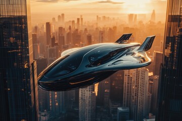 Futuristic black vehicle flying over a city at sunset, showcasing sleek design and advanced technology.