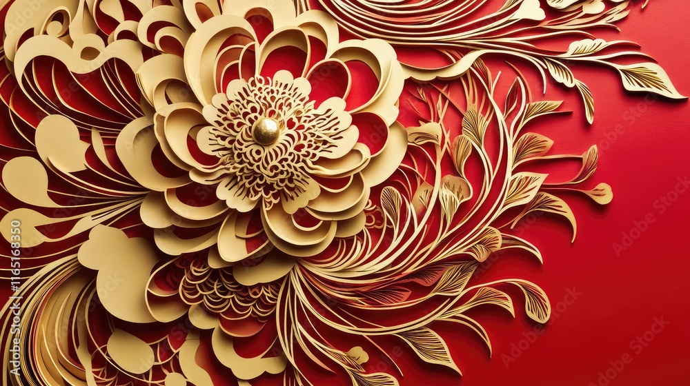 Fototapete Elegant paper-cutting abstract New Year art with intricate golden patterns set against a bold red background.