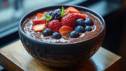 Chocolate smoothie bowl topped with berries, mint, in dark bowl.