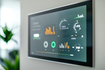 Wall-mounted smart display shows energy consumption data, graphs, and real-time statistics.