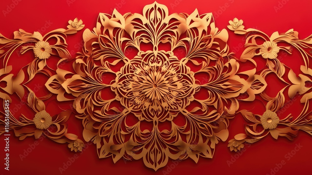 Fototapete elegant paper-cutting abstract new year art with intricate golden patterns set against a bold red ba