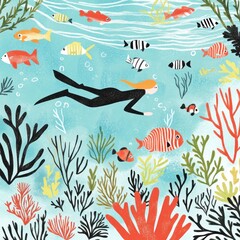 Obraz premium An illustration of a diver exploring a vibrant underwater scene filled with colorful fish and corals.