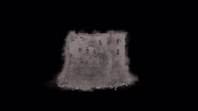 Realistically modeled(with inner and outer walls, concrete parts, columns, floor levels and bricks) building collapsing with dust and debris 4K drag and drop editing software supporting blending mode