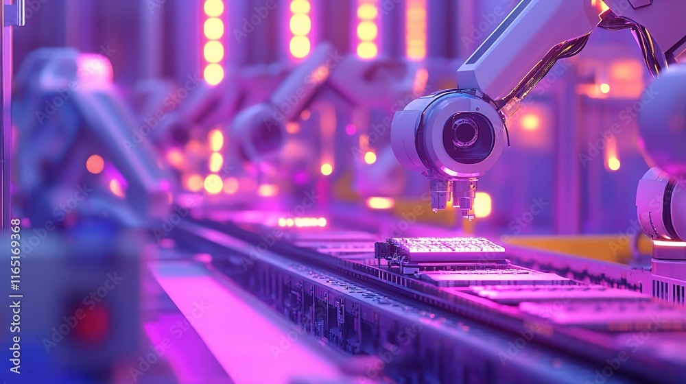 Poster high-tech robots in factory production line assembling products