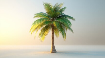 Obraz premium Single palm tree on a hazy beach at sunrise.