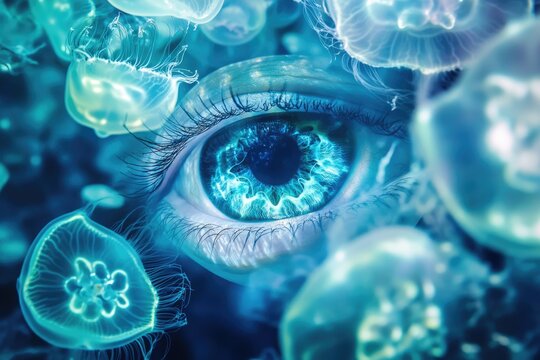 A human eye with vibrant blue iris, surrounded by translucent jellyfish, creating a surreal underwater scene.