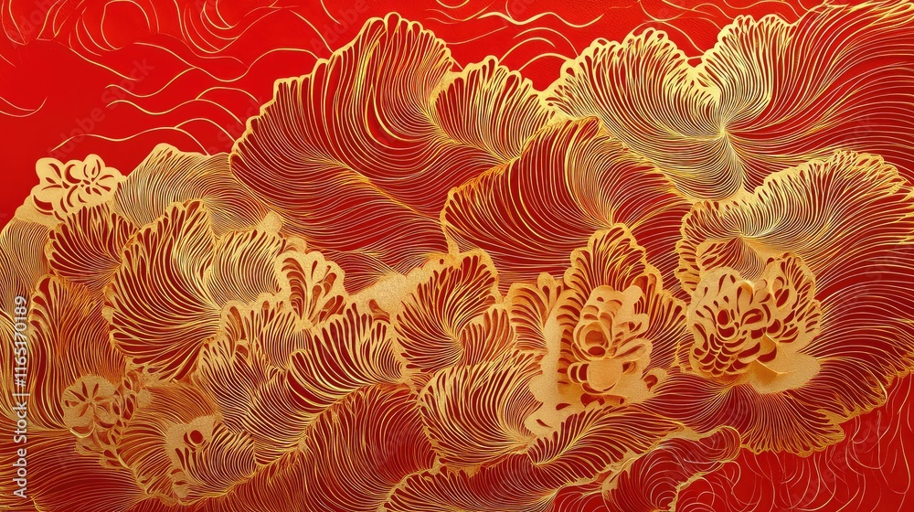 Fototapete Elegant paper-cutting abstract New Year art with intricate golden patterns set against a bold red background.