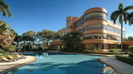 Fototapeta premium Large luxurious building with pool and palm trees on a sunny day.