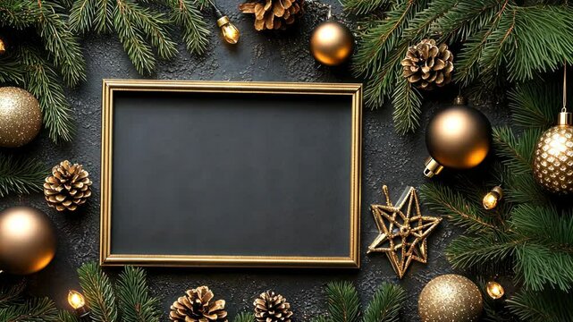 Elegant Christmas decoration featuring a blank frame surrounded by golden ornaments and pine branches
