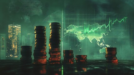 Investment growth insights urban financial district digital chart visualization evening skyline strategic analysis