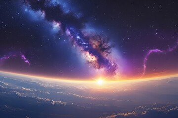 Landscape with Milky Way galaxy. View of sunrise and Earth from space with Milky Way galaxy.