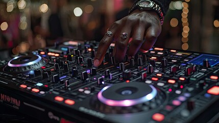 Obraz premium Close-up of a DJ's hand mixing music on a digital console at a party.
