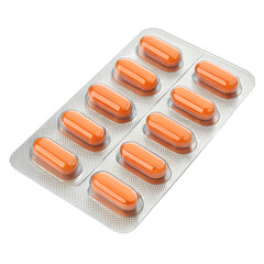 Orange Capsules in Blister Pack - Close-up of orange capsules in a sealed blister pack, isolated on black background, representing medicine or healthcare products.

