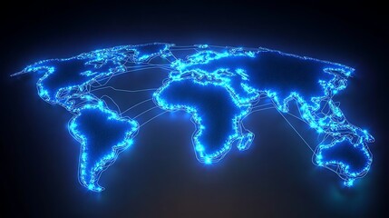Global connectivity visualizing the world map in neon digital art virtual environment aerial view technology concept