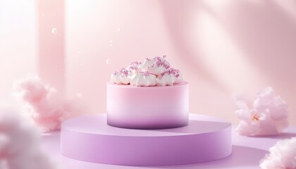 Delicate Pink Cake with Meringue Topping on Pastel Display Stand