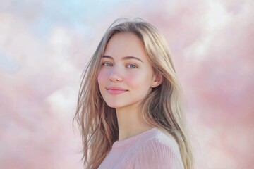 Naklejka premium Portrait of a Smiling Teenage Girl with Blonde Hair on a Pink Background